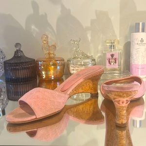 Chanel light pink cloth quilted mules with a Cork heel